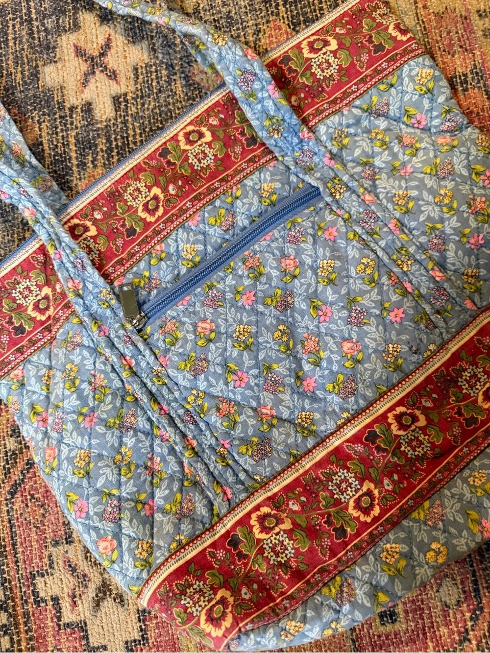 Quilted Floral Tote Bag with Red Accent - Blue